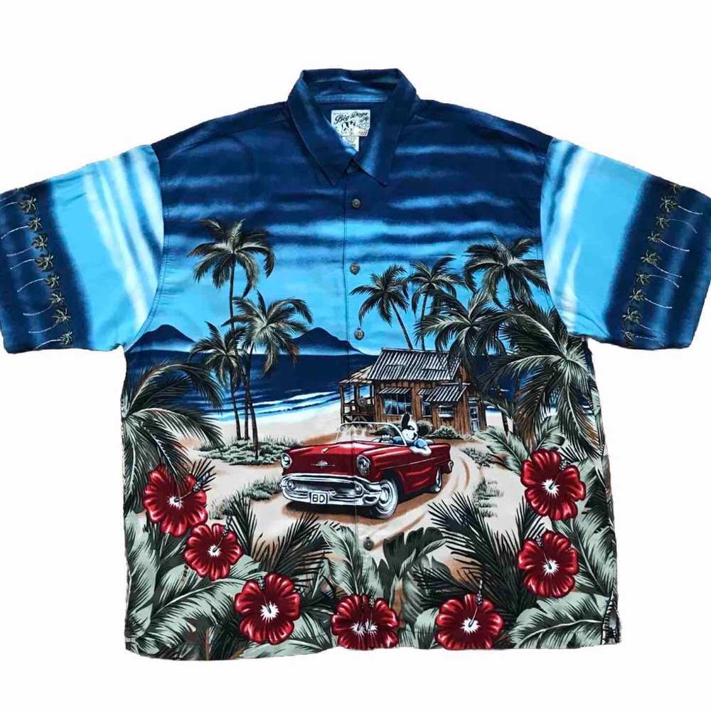 Big Dogs Classic Car Beach Tropical Flowy Rayon Casual Button Down Shirt XL